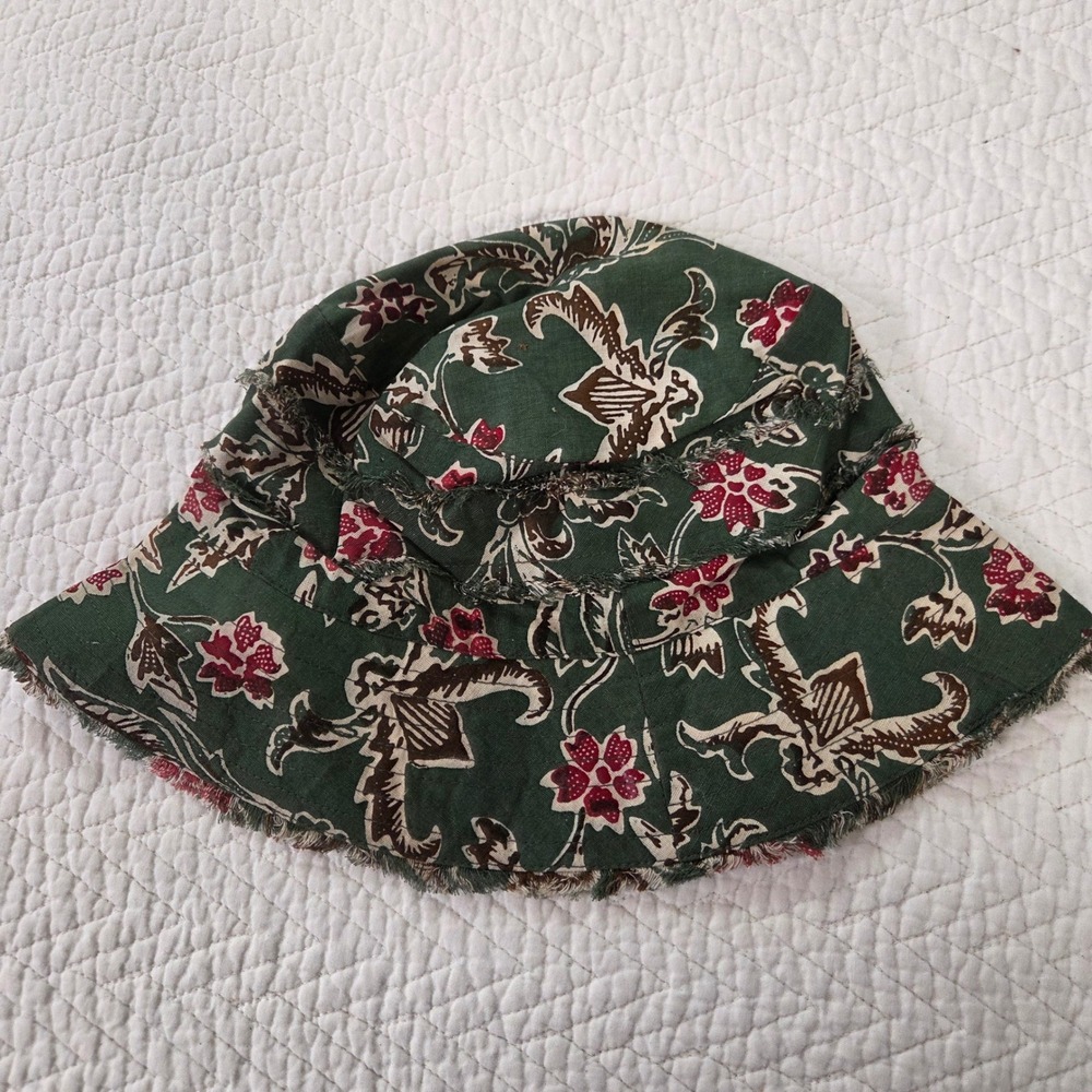 World Market Green Floral Batik Cotton Bucket Hat Frayed Fringe Raw Edge Unisex